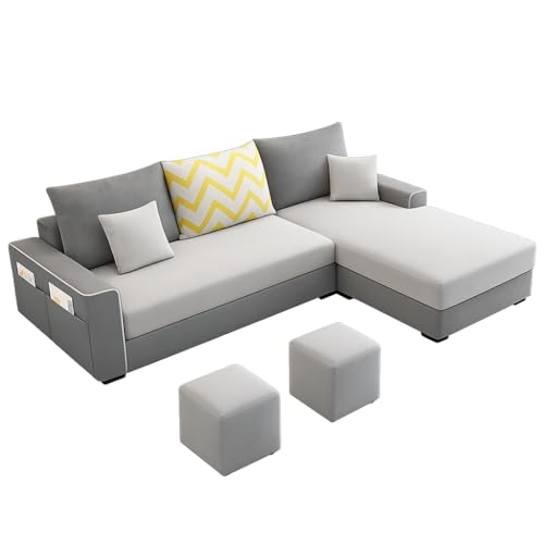 Image of Casaliving Afie RHS 4 Seater L-Shape Sofa Set with 2 Puffy for Living Room (Grey & Dark Grey Colour) Premium Fabric Sofa Set