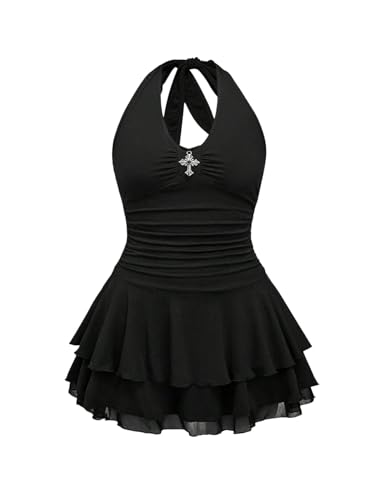 Women's Plus Size Y2k Halter Backless Mini Dress Flowy V Neck Tie Back Ruched A Line Grunge Punk Short Dresses