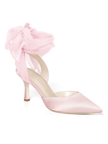 Image of Womens Lace up Satin Heels Bow Pointed Closed Toe Bridal Dress Shoes Low Heel Wedding Elegant Pumps