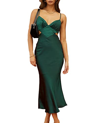 Women's Fall Satin Backless Maxi Dress Silk Cut Out V Neck Slip Tie Back Formal Cocktail Midi Dresses for Wedding Guest2