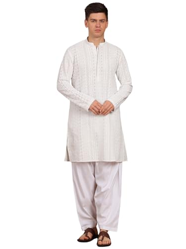 Image of See Designs Men's Full Sleeve Mandarin Collar Chikankari Embroidered Straight Kurta with Salwar