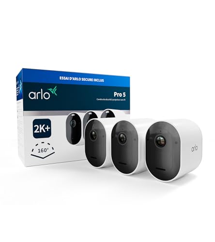 Arlo Pro 5 2K, Caméra de Surveillance WiFi Extérieure Sans Fil, Vision Nocturne Couleur Avancée, Éclairage, Sirène et WiFi Double Bande, Essai Abonnement Secure Inclus, 3 Caméras Blanc