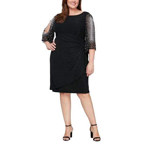 Alex Evenings Women's Plus Size Short Sheath Metallic Cocktail Dress with Embellished Sleeves and Cascade Ruffle Skirt
