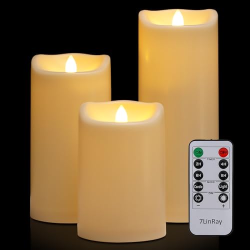 7LinRay 4" x 6" 8" 10" Waterproof Outdoor Flameless Candles with Remote, Flickering Battery Operated LED Pillar Candles for Home, Lanterns Decor, Ivory Plastic