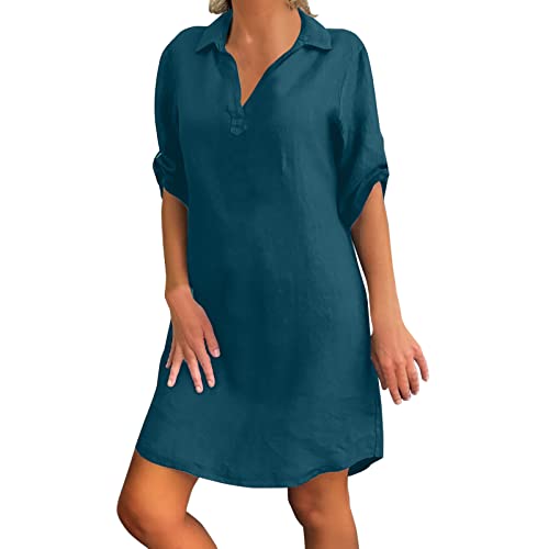 Leinenkleid Damen Sommer - Sommerkleid Knielang Tshirt Kleid Große Größen Blusenkleid mit Knöpfen V-Ausschnitt Revers Baumwolle Leinen Einfarbige...