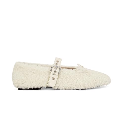 Fur Ballet Flats with Buckle for Women Comfy Faux Shearling Mary Jane Flats Adjustable Strap Ballerina Flat Shoes Causal Daily Dress Shoes3