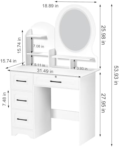 kamulouk Dressing Table, Vanity Desk with Vanity Mirror, Makeup Desk with Adjustable Brightness LED Lighting, 4 Drawers & Storage Shelves (White-B)