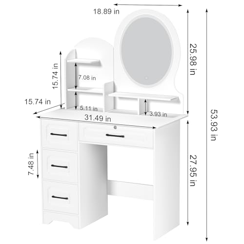 kamulouk Dressing Table, Vanity Desk with Vanity Mirror, Makeup Desk with Adjustable Brightness LED Lighting, 4 Drawers & Storage Shelves (White-B)