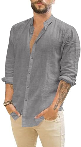 Friptspyg Leinenhemd Herren Hemd Langarm Baumwolle Leinen Hemden Button-Down Freizeithemden Casual Regular Fit Sommerhemd, Dunkelgrau L 1