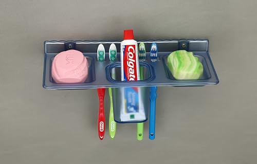 Image of HAPPI Unbreakable ABS Plastic 4 in 1 Soap Dish Holder Glass Tumbler and Tooth Brush Holders, Soap Stand, Soap Case, Soap Holder Stand Wall Mounted for Bathroom (Blue)