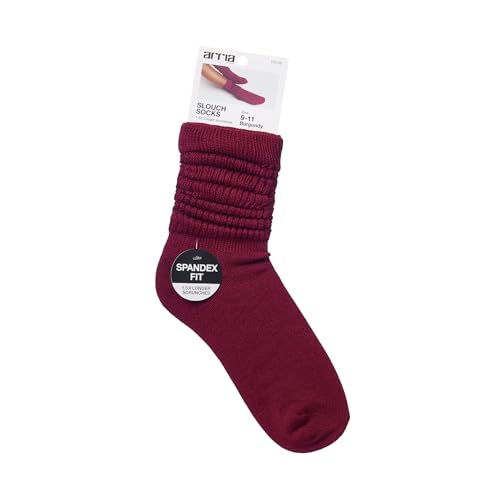 ARRIA Slouch Socks – Women’s Cute Trendy, Soft Ribbed Medium Thickness, All Seasons, Classic Solid Colors, Boot Sock, Pilates Barre Yoga Wear, Breathable Cozy Wide Crew Socks (Large, Burgundy)