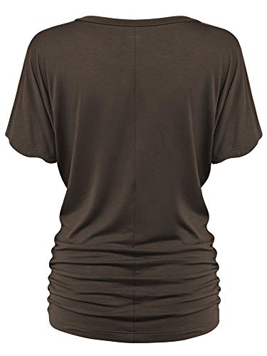 Made By Johnny MBJ WT1037 V Neck Short Sleeve Dolman Top with Side Shirring M Brown - Thumbnail 3