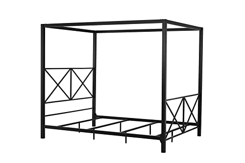 Dhp Rosedale Metal Canopy Bed Frame With Four Poster Design And Geometric Accented Headboard And Footboard, Underbed Storage Space, Queen, Black #TOP5