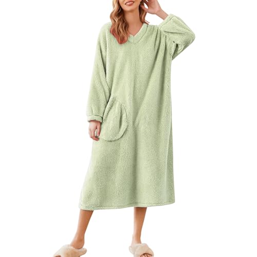 Generisch Albornoz largo y suave con bolsillos, albornoz de forro polar para relajarse, ropa de salón de lujo, elegante cuello chal, ropa de casa, Verde claro., M