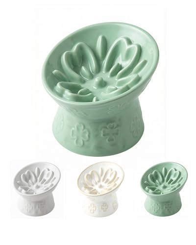 TRUVIC セラミック製スローフィーダー猫用ボウル、首を保護する15°傾斜高台猫用スローイーティングボウル、嘔吐防止犬用スローフィーダー、猫と小型犬用、ひげに優しくあごが黒くならない、緑