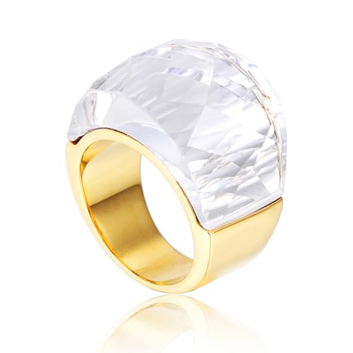 Crystal Glass Stainless Steel Band Ring Gold-Tone Plated Fashion Exaggerated Cubic Zirconia Rings Women's Stunning Large Statement Rhinestone Bands Cocktail Party for Ladies Birthday (Clear,8)