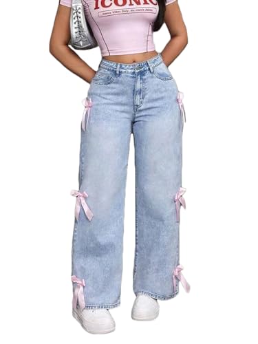 CORIRESHA Women's Y2K Wide Leg Straight Fit Side Ribbon Bows Full Length High Rise Denim Jeans