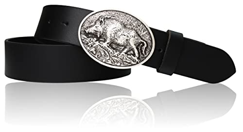 FRONHOFER Trachtengürtel mit Trachtengürtelschnalle Wildsau in Silber, 17952, Größe:Körperumfang 115 cm/Gesamtlänge 130 cm, Farbe:Schwarz