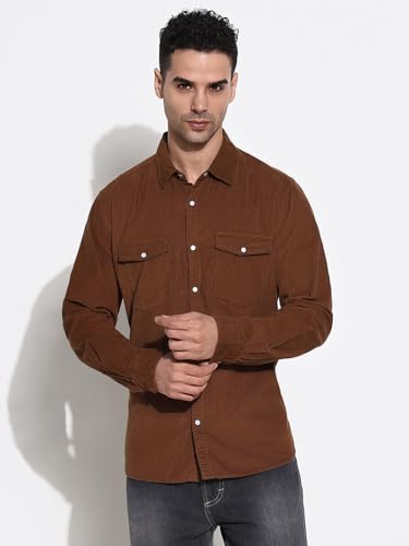 Image of SHOWOFFFF Men Solid Casual Shirt | Spread Collar Full Sleeves Corduroy Shirt's for Mens | Slim Fit Regular Length Shirts for Men's