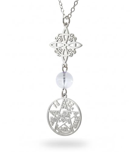 NUDO DE BRUJA Y TETRAGRÁMATON Collar Doble protección con Piedras Naturales, Acero Inoxidable 316L, Plateado y Dorado, 45cm Ajustable, Amuleto poderoso. (Cuarzo Blanco - Plateado)