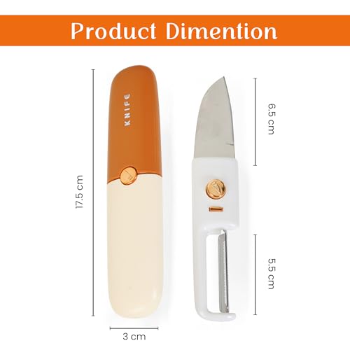 Image of TRUESOLE 2 in 1 Peeler Knife Set - Stainless Steel Foldable Travel Knife with Peeler, Compact & Lightweight, Portable Kitchen Tool for Fruits & Vegetables, Pocket Knife with Case Cover (Orange)