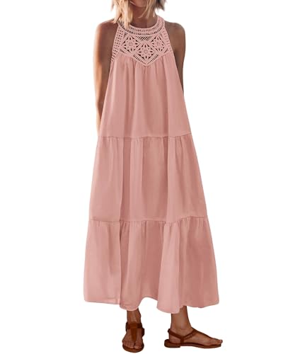 Image of BTFBM Halter Summer Dresses for Women 2026 Casual Spring Hollow Out Sleeveless Boho Sundresses Beach Vacation Maxi Dress