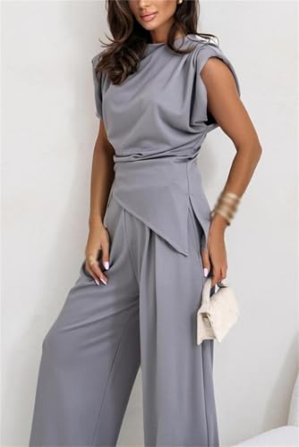 Women's Round Neck Pleated Sleeveless Casual Suit, Solid Color Irregular Vest Wide Leg Pantsuit, 2025 Womens 2 Piece Outfits2