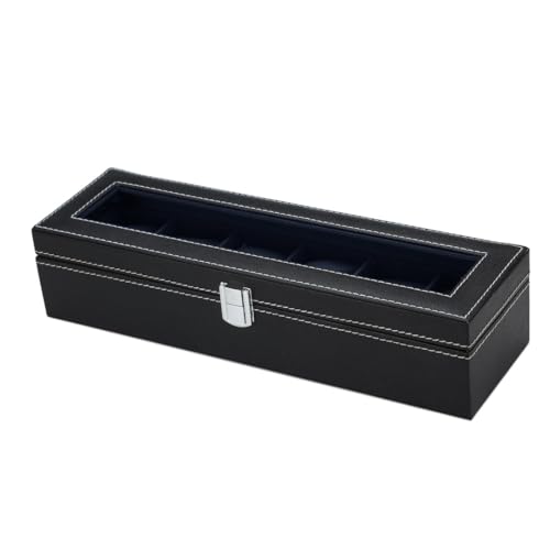 Image of Watch Box Organizer for Men and Women, 6 Slots, Leatherette, Black, Gift Box (Black::Grey)