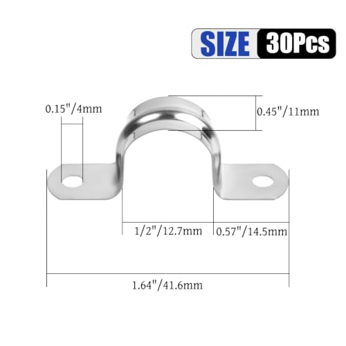 Image of 30Pcs 1 /2 Inch Stainless Steel Conduit Clamps, 2 Hole Strap U Bracket Rigid Pipe Strap, Tension Clips U-tube Clamp for Pipe Fixing on Various Surfaces