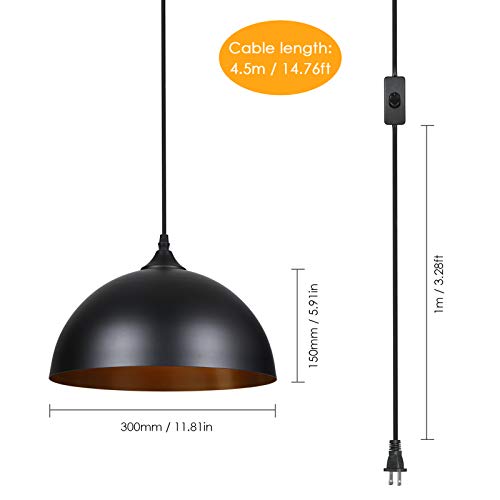 Tomshine Plug In Pendant Light, Metal Dome Hanging Pendant Light 2 Pack With 15Ft Plug In Cord, On/Off Switch, For E26 Bulbs, Black Barn Pendant Light For Farmhouse Kitchen, Dining, Bedroom 2 Pack #TOP3