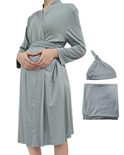 SUFEINI Maternity Robe and Matching Baby Swaddle Blanket Set, Mom...