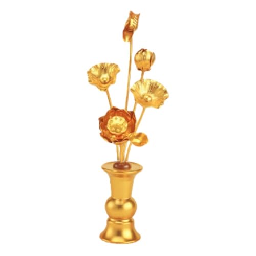 Lamantt手作りの仏像用蓮花瓶、模造花の花束、金箔の蓮の花、彩色された家庭用仏像飾り、籐製の花セット(花瓶を含む)、金箔の蓮の仏具 (金箔アルミニウム花瓶,中くらい)