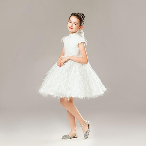 Sparkly Fluffy Feather Flower Girl Dress for Wedding Beaded Short Prom Princess Pageant Dresses with Bow-Knot3