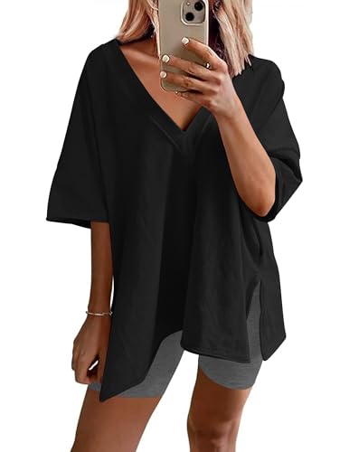 Image of Ekouaer Womens Pajamas 2 Piece Lounge Sets Oversized V Neck T-Shirts Tops Biker Shorts Set Workout Reversible Tracksuit S-XXL