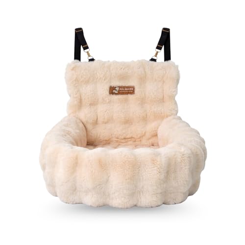 Pelsbarn Luxurious Cozy Car Bed - Small Luxury Travel Dog Bed with Safety Belt - Ultra Soft Faux Fur - Beige