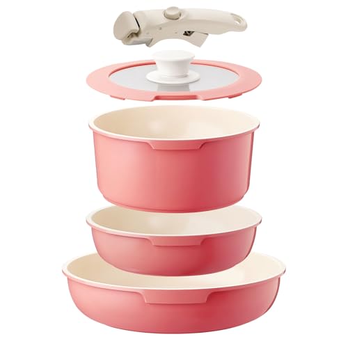 IKTU Juego de ollas y sartenes de cerámica antiadherentes, color rosa, juego de 5 piezas antiadherentes con mango desmontable, juego de utensilios de cocina antiadherentes, sin PFAS PFOA y PTFE