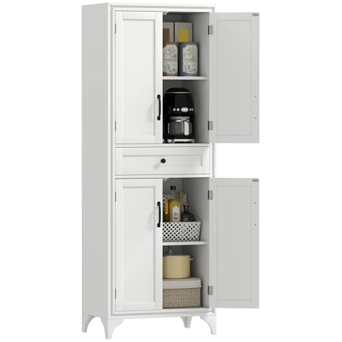 Image of HOMCOM 67" Tall Freestanding Kitchen Pantry Cabinet, 4-Door Storage Cabinet with Drawer and Adjustable Shelves for Dining Room, White