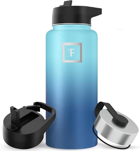 IRON °FLASK Camping & Hiking Hydration Flask with 3 Lids - Stainless Steel, Double Walled & Vacuum Insulated Water Bottle - Leak Proof & BPA Free (Blue Waves, Straw - 32 oz)