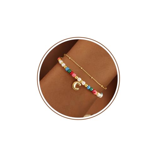 Colourful Beaded Initial Bracelets for Women Dainty Double Layered 14k Gold Bracelets for Women Non Tarnish with Letter Teen Girl Gifts Trendy Stuff Mom Sister Birthday Gifts Bubble Summer Jewelry
