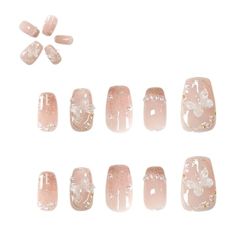 Press stud short square false nails with pearl and glitter design...