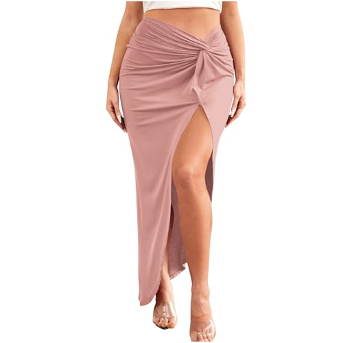 FZYLQY Women's Ruched Pencil Skirt High Waist Wrap Tie Front Asymmetrical Long Maxi Skirts Bodycon Slit Beach Sarong Skirt