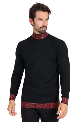 Barabas Men's Rhinestones Greek Key Pattern Turtleneck Sweater 2LS2106 Black Red 5XL