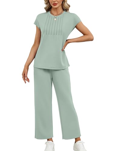 Image of Sampeel Two Piece Sets for Women Summer Vacation Outfits Cap Sleeve Tops Lounge Matching Sets Women Clothing