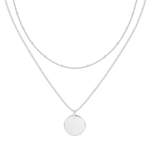 Image of ALEXCRAFT Silver 925 Necklace for Women, Chain Layered Ladies Necklace with Flat Disc Pendant Multilayered Silver Necklace Hypoallergenic Personalized Chain Silver Fashion Jewelry for Women Girls