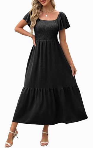 Image of OFEEFAN Summer Dresses for Women Square Neck Ruffle Sleeve Smocked Maxi Dress with Pockets