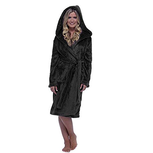 Womens Long Robe Soft Plush Plus Size Warm Comfy Bathrobe for Ladies Sleepwear Black