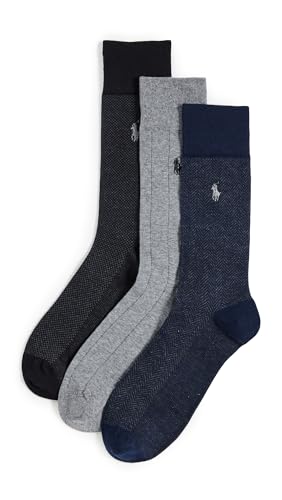 POLO RALPH LAUREN Mens Assorted Pattern Dress Crew Socks - 3 Pair Pack - Soft Lightweight Cotton