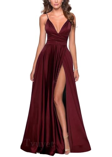 Image of Tvuyet Satin Bridesmaid Dresses with Slit Pleated A Line Spaghetti Straps Formal Prom Evening Gowns