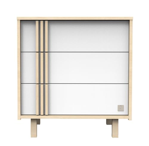 Sauthon Commode 3 tiroirs en décor chêne Velours et Blanc avec Appliques en Bois