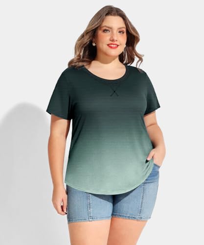 Image of CARCOS Plus Size Tops for Women Short Sleeve Shirt Summer Star /Leopard /Tie Dye /Flower Crewneck Pullover Tunic XL-5XL